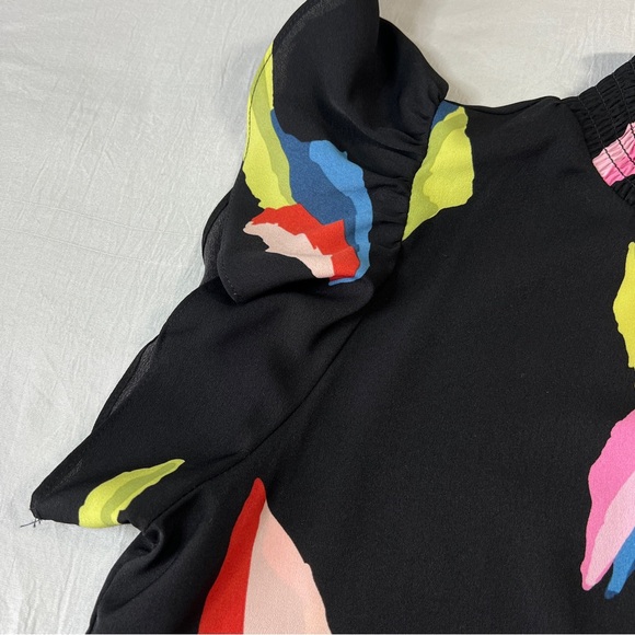 THML Anthropologie Smocked Neck Ruffle Sleeve Black Abstract Top Sz L NWOT - Picture 4 of 11